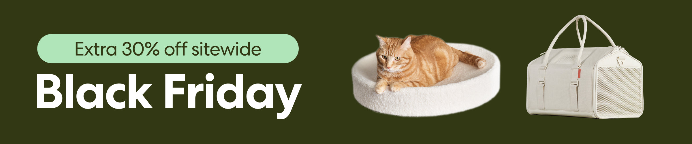 Black cat beside 'Black Friday' text with 25% off sitewide bubbles.